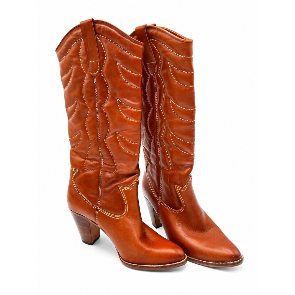 Vintage Tall Western Boots Cognac Leather Cowboy Boots Boho Festival Rodeo 9